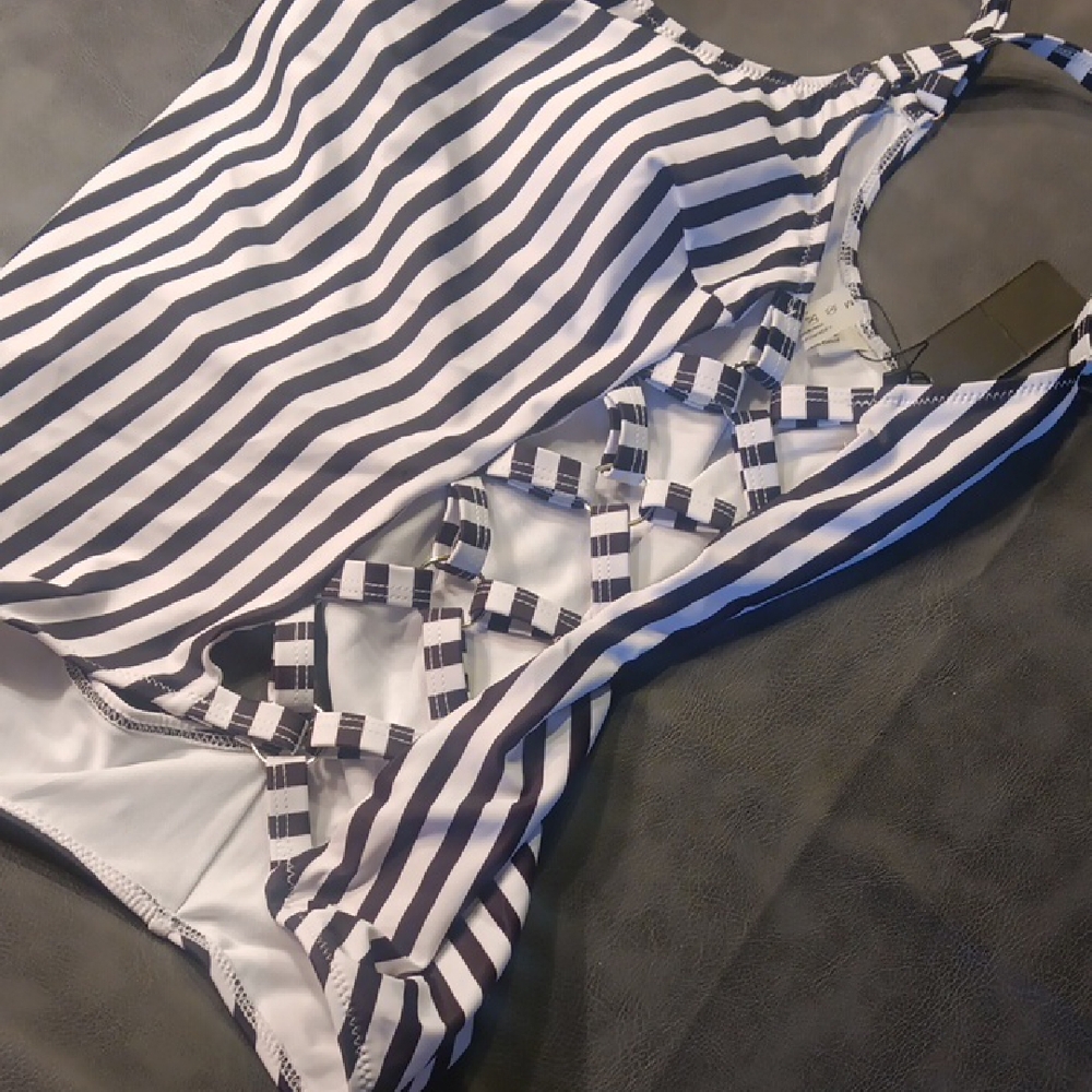 NWT. Tempt Me Balck And White Striped One-Piece Swimsuit With Sexy Side Lace-up - Picture 8 of 11